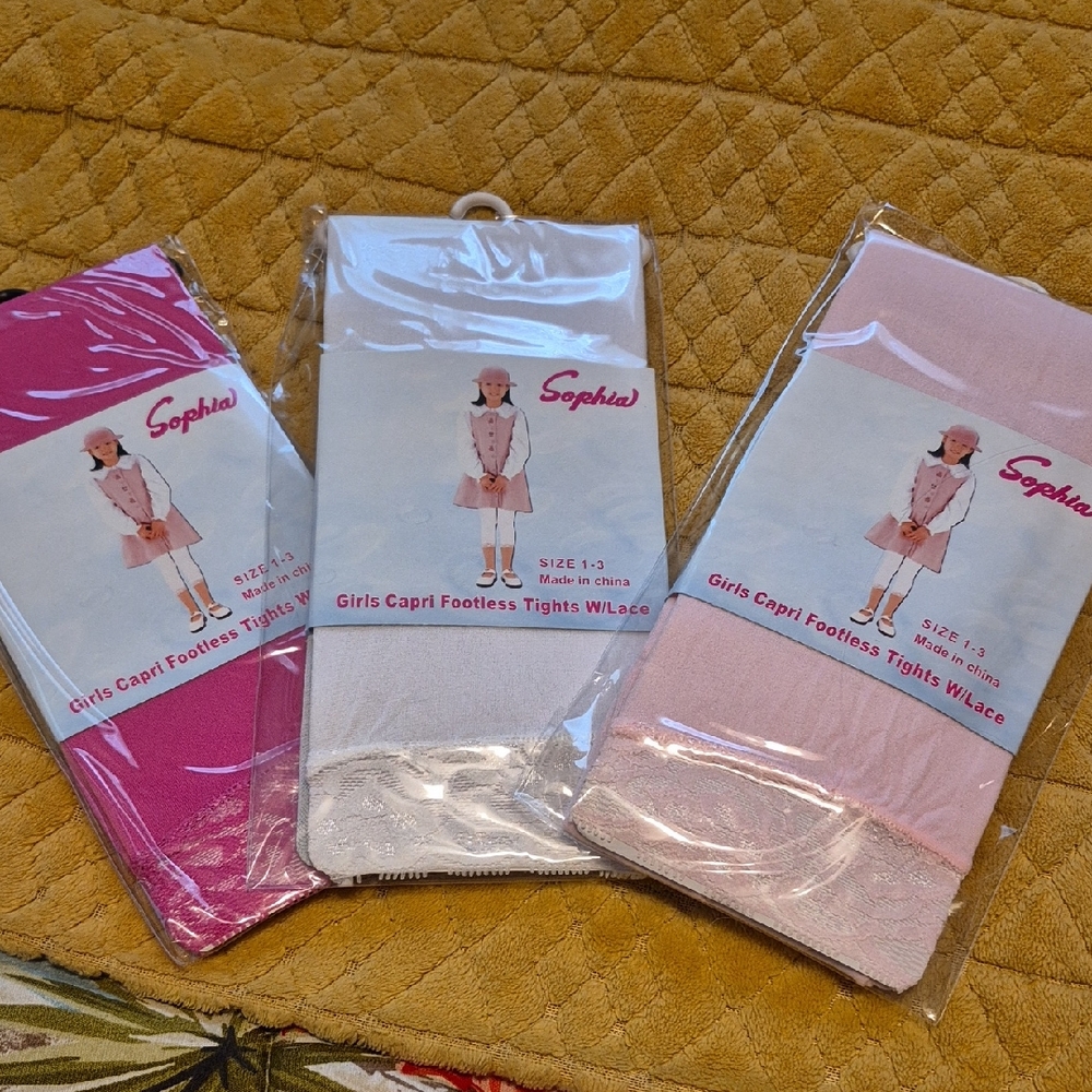 Girls Capri Footless Lace Tights - Fuchsia, White, and Light Pink